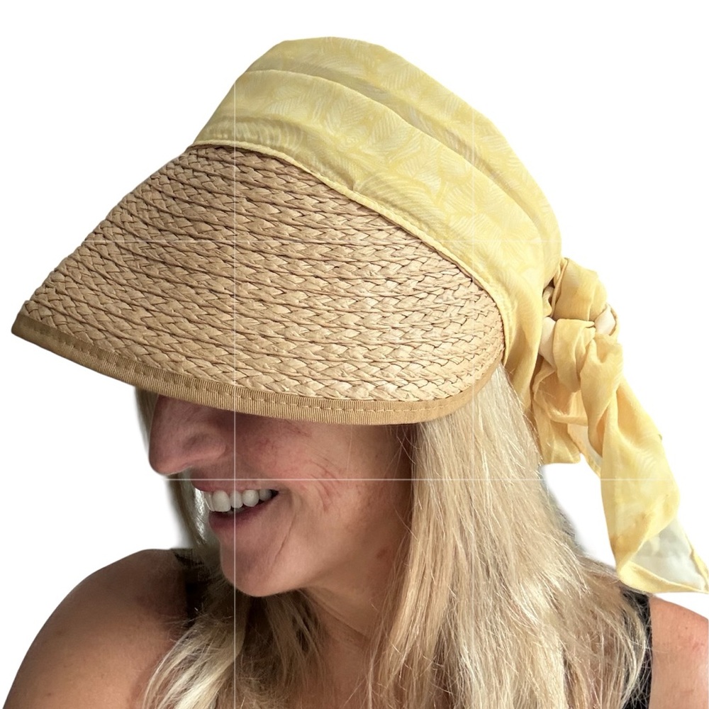 Fair Weather Women’s Yellow Sash Paper Braid Visor Sun Hat NWT Wide Brim